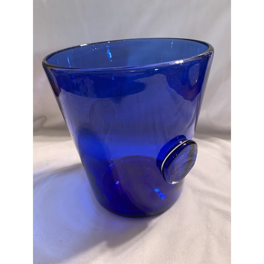 Cobalt Blue Hand Blown Art Glass  Ice Bucket 8 Inch w/ Handles Barware